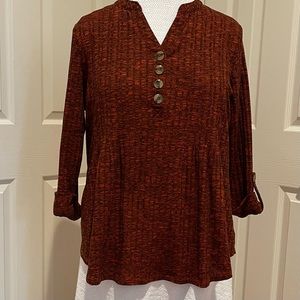 New Directions 2X Burnt Red/Orange and Black Hacci Popover Henley Top